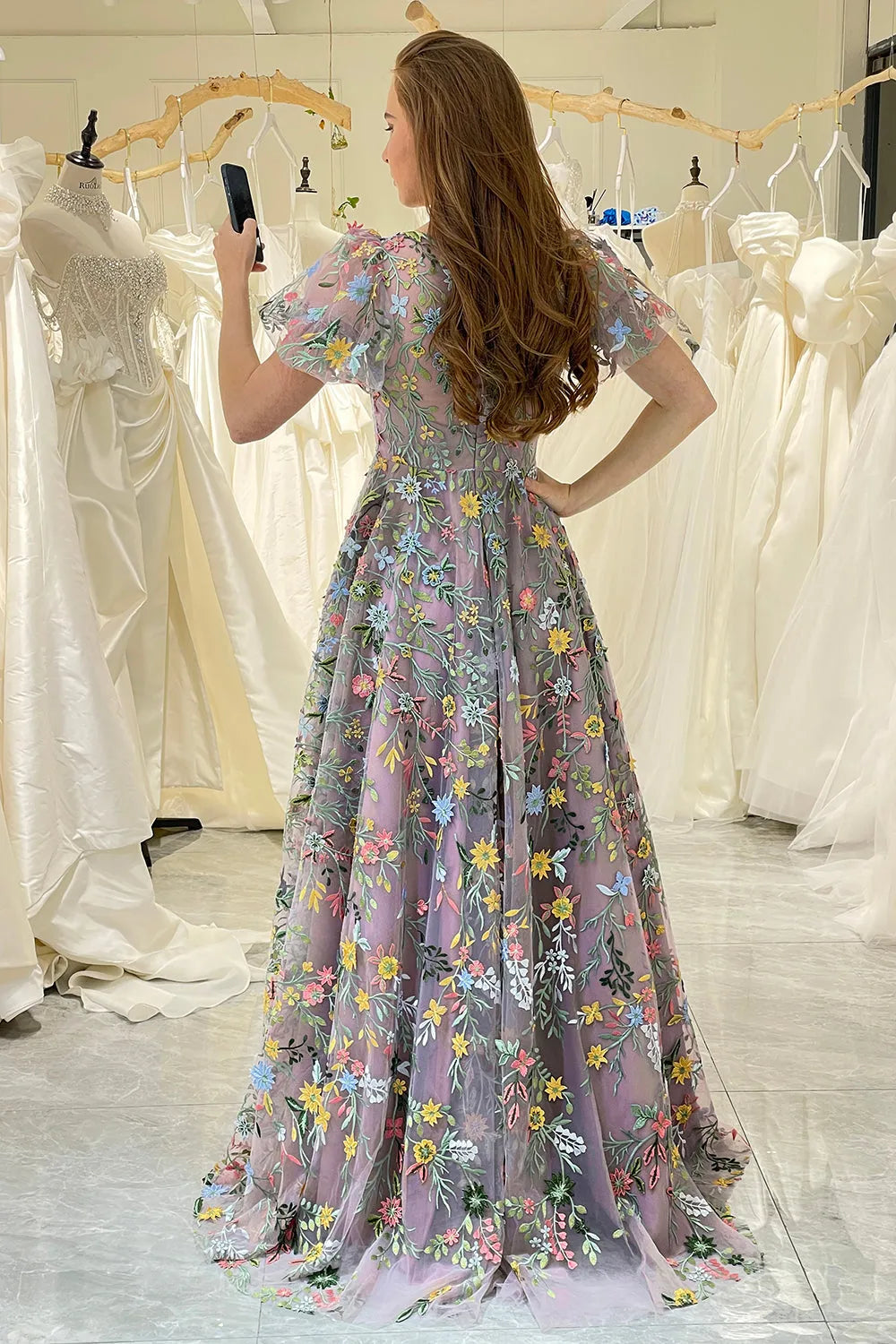 Wholesale Mauve A Line Short Sleeves Long Tulle Prom Dress With Appliques prom dresses with long sleeves